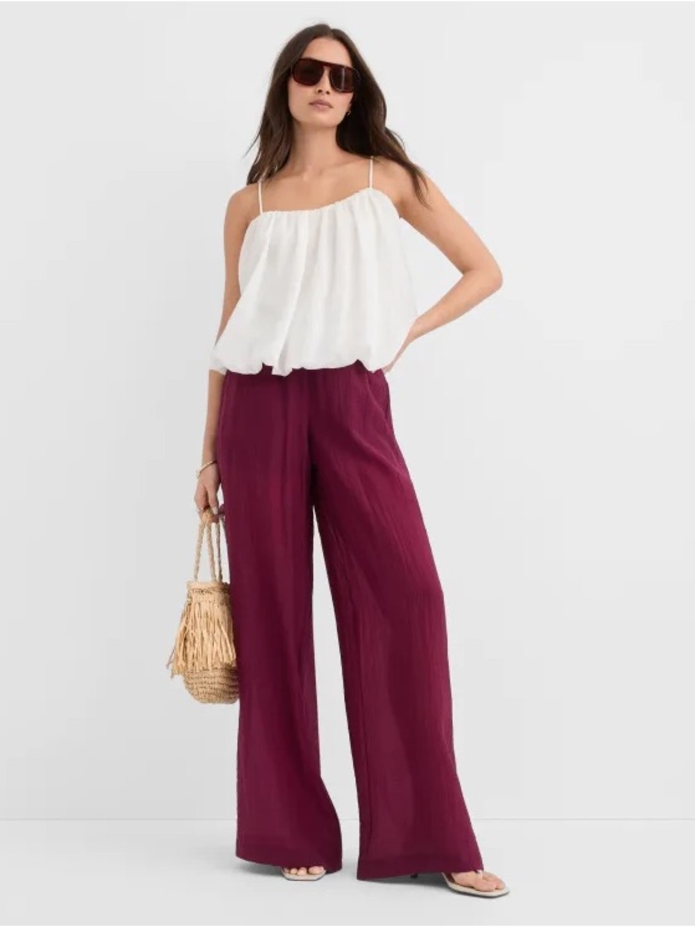 LOFT Wide-Leg Pull-On Pants in Burgundy